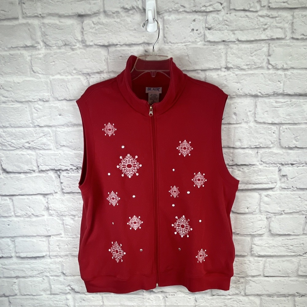 Blair VTG Grandma Red White Snowflake Holiday Full Zip Vest Size XL Old Money